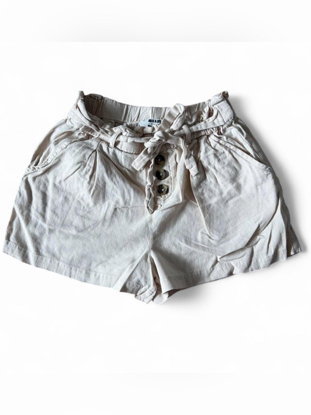 Jolie & Joy beige linen shorts with tie waist and button detail. Size M